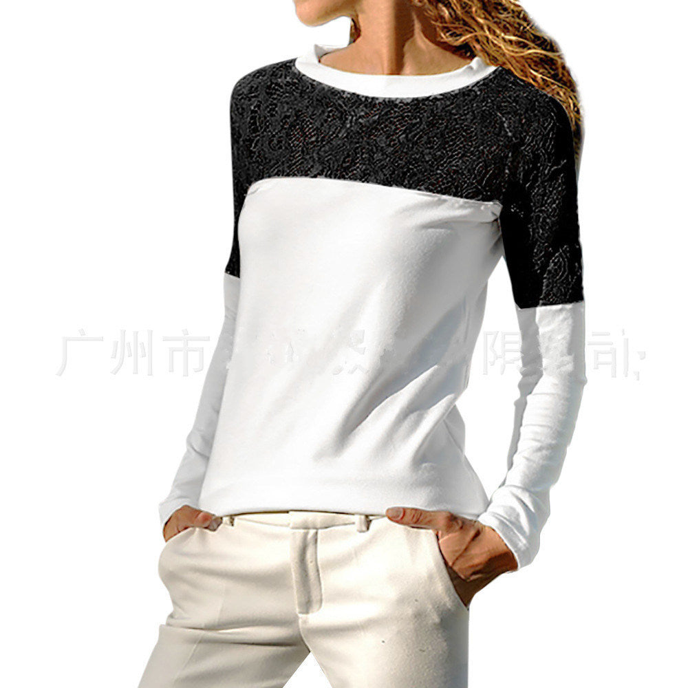 Spring and Summer New Long-sleeved Sweet Casual V-neck Openwork Lace Stitching Long-sleeved Loose Chiffon Shirt Top