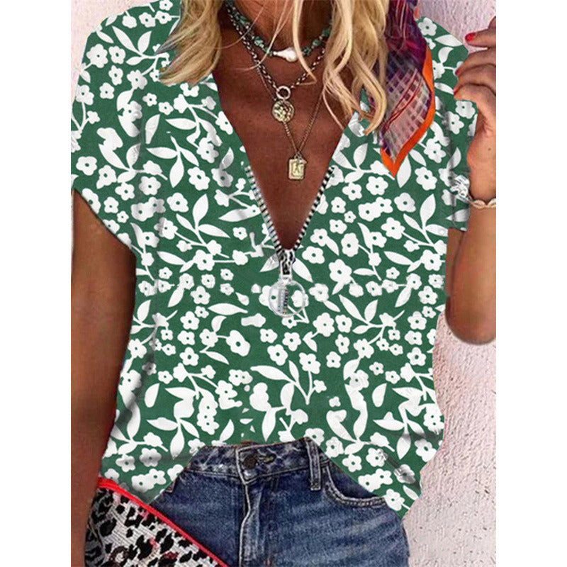 summer new women's blouse pullover V-neck short-sleeved floral shirt