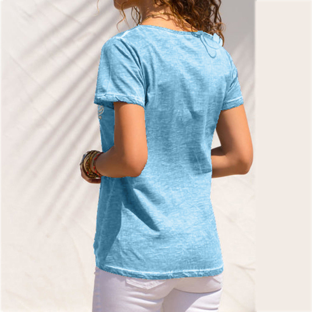 European and American new women's feather print round neck short-sleeved T-shirt