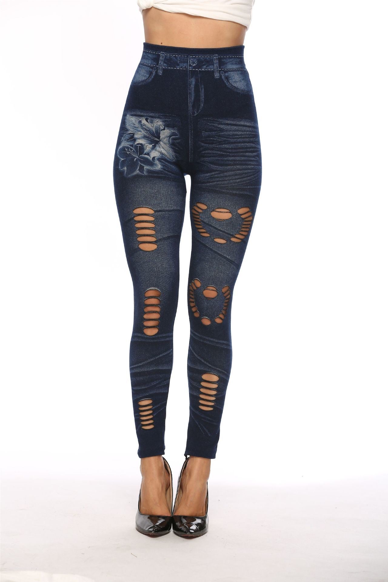 Imitation denim hollow leggings peach heart net pants high waist super elastic female nine pants