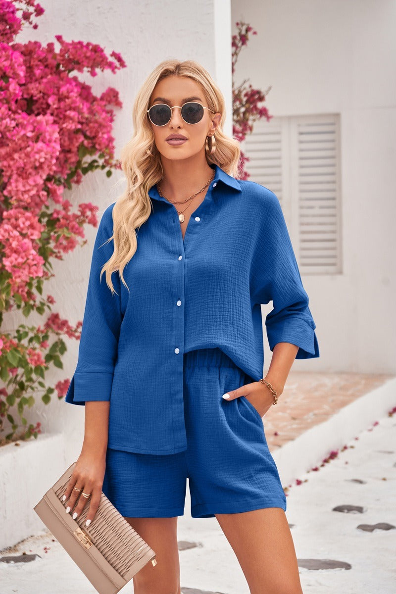 Women's 2 Piece Shirt Casual Tracksuit Outfit Sets Long Sleeve Shirt And Loose High Waisted Mini Shorts Set