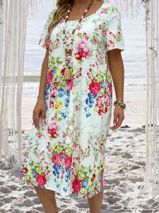 Plus Size Casual Dress; Women's Plus Floral Print Short Sleeve Round Neck Dress With Pockets