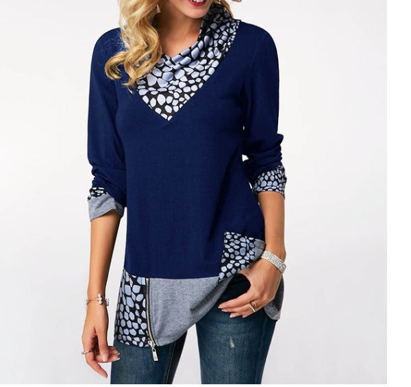 Women's Fashion Large Size Long Sleeve Printed Collar Zipper Casual Top T-Shirt S-5XL