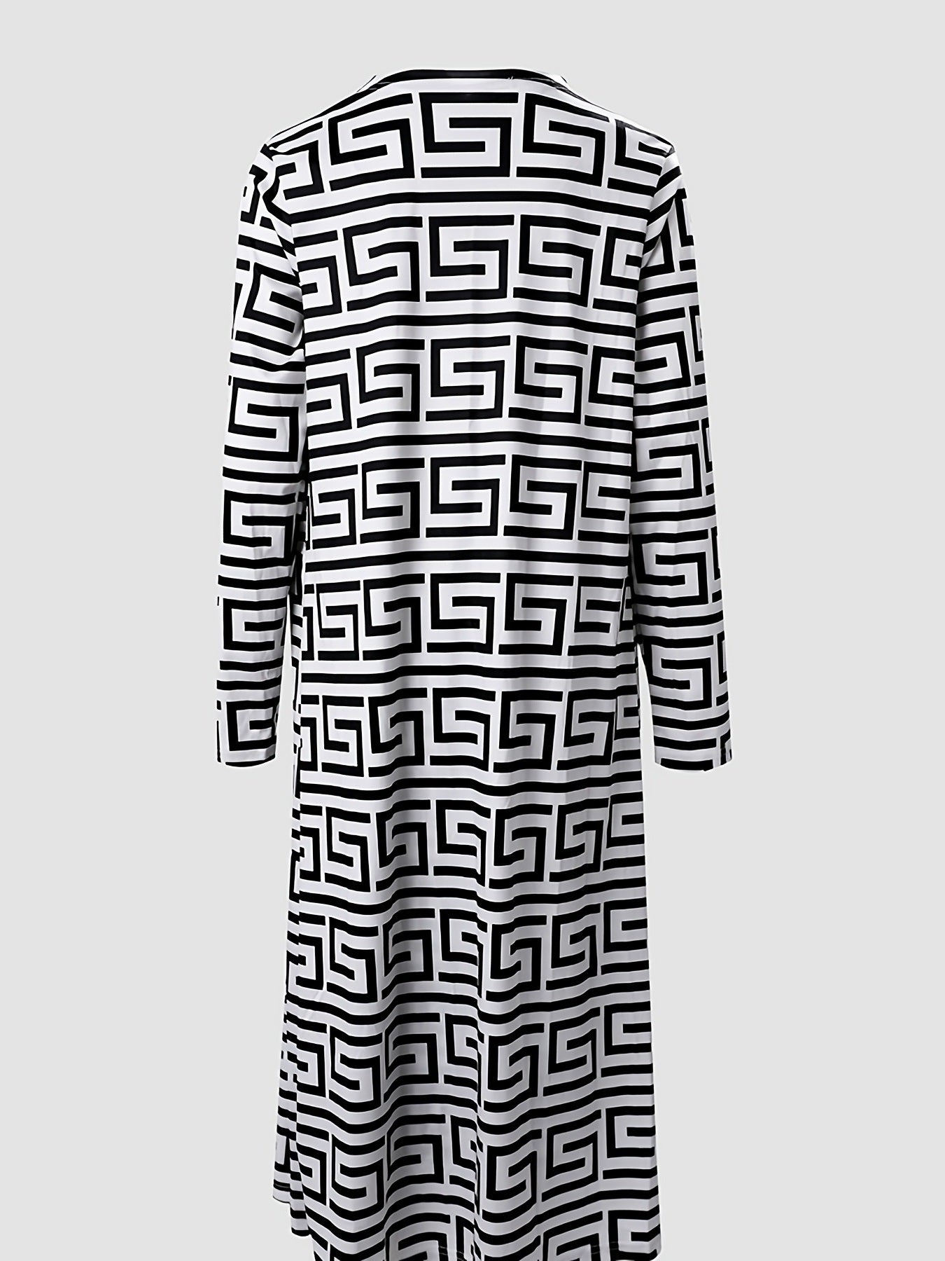 Plus Size Geometric Print Midi Dress With Cardigan Set; Women's Plus Slight Stretch Elegant 2pcs Set Outfits