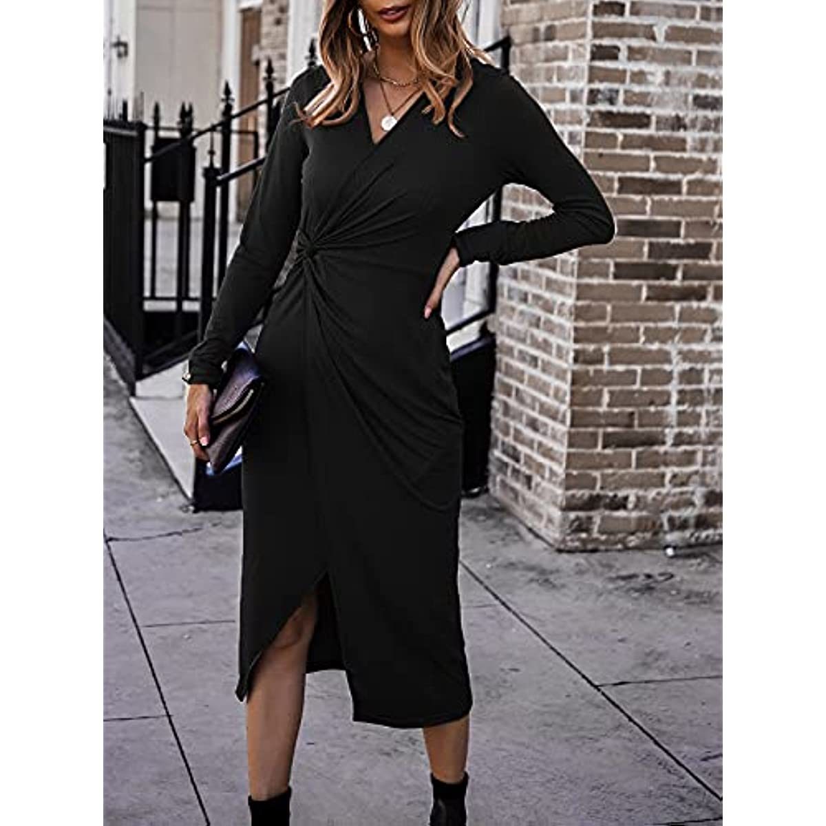 Women Casual Dresses V Neck Long Sleeve Twist Front Waist Ribbed Knit Bodycon Slit Dress Cocktail Party Midi Dress