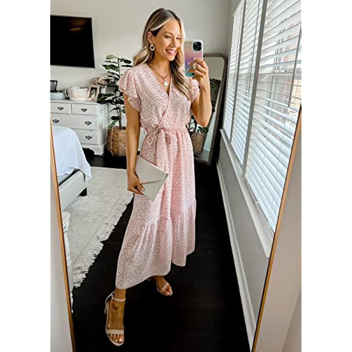 Women's 2023 Floral Summer Dress Wrap V Neck Short Sleeve Belted Ruffle Hem A-Line Bohemian Maxi Dresses