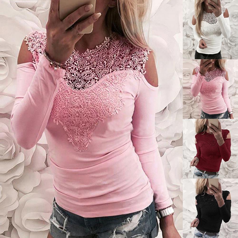 Lace Neck Long Sleeve Women Blouse Slim Fit Elastic Tunic Top Off Shoulder Lace Stitching Casual Blouse Streetwear