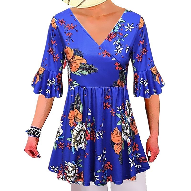 summer fashion women's print sleeves loose sexy V-neck large size shirt