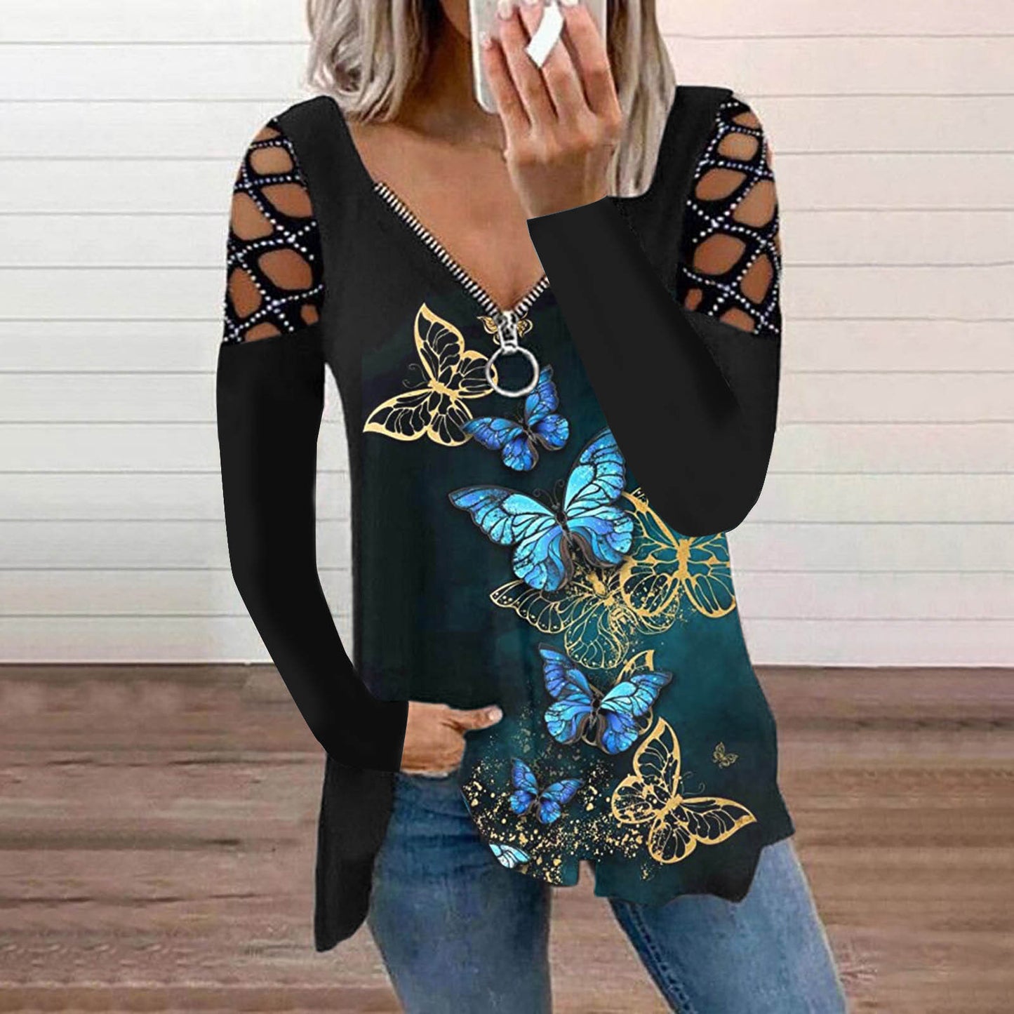 Fall/winter New Style V-neck Hot Drilling Long-sleeved Loose T-shirt Top Halloween