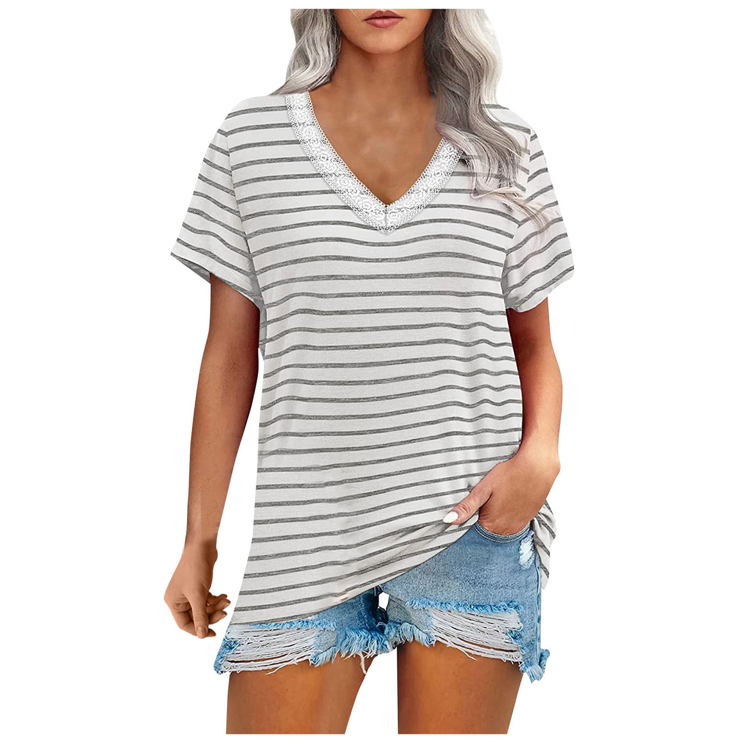 Women's Summer New Style Commuting Loose-fitting Striped V-neck Short-sleeved T-shirt