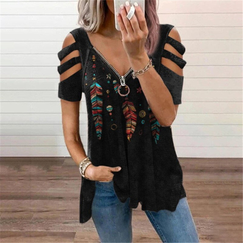 Women's new T-shirt V-neck zipper pullover printed short-sleeved loose T-shirt tops