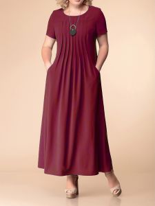 Plus Size Basic Dress; Women's Plus Plain Short Sleeve Pleated Round Neck Maxi Dress With Pockets