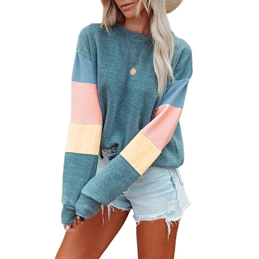 Shiying Pullover women's spring and autumn new round neck long sleeve contrast color long sleeve trendy T-shirt women