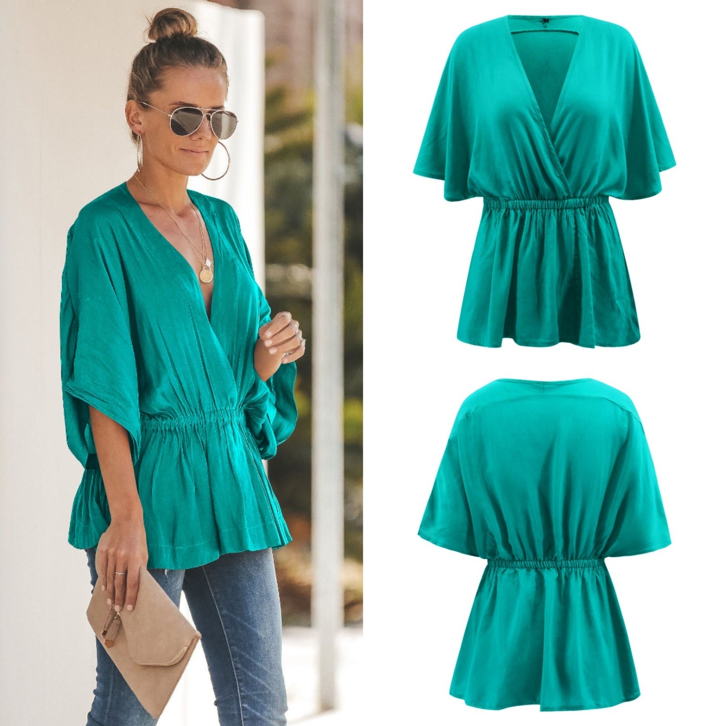 Spring New Loose Bat Sleeve V-neck Shirt Top