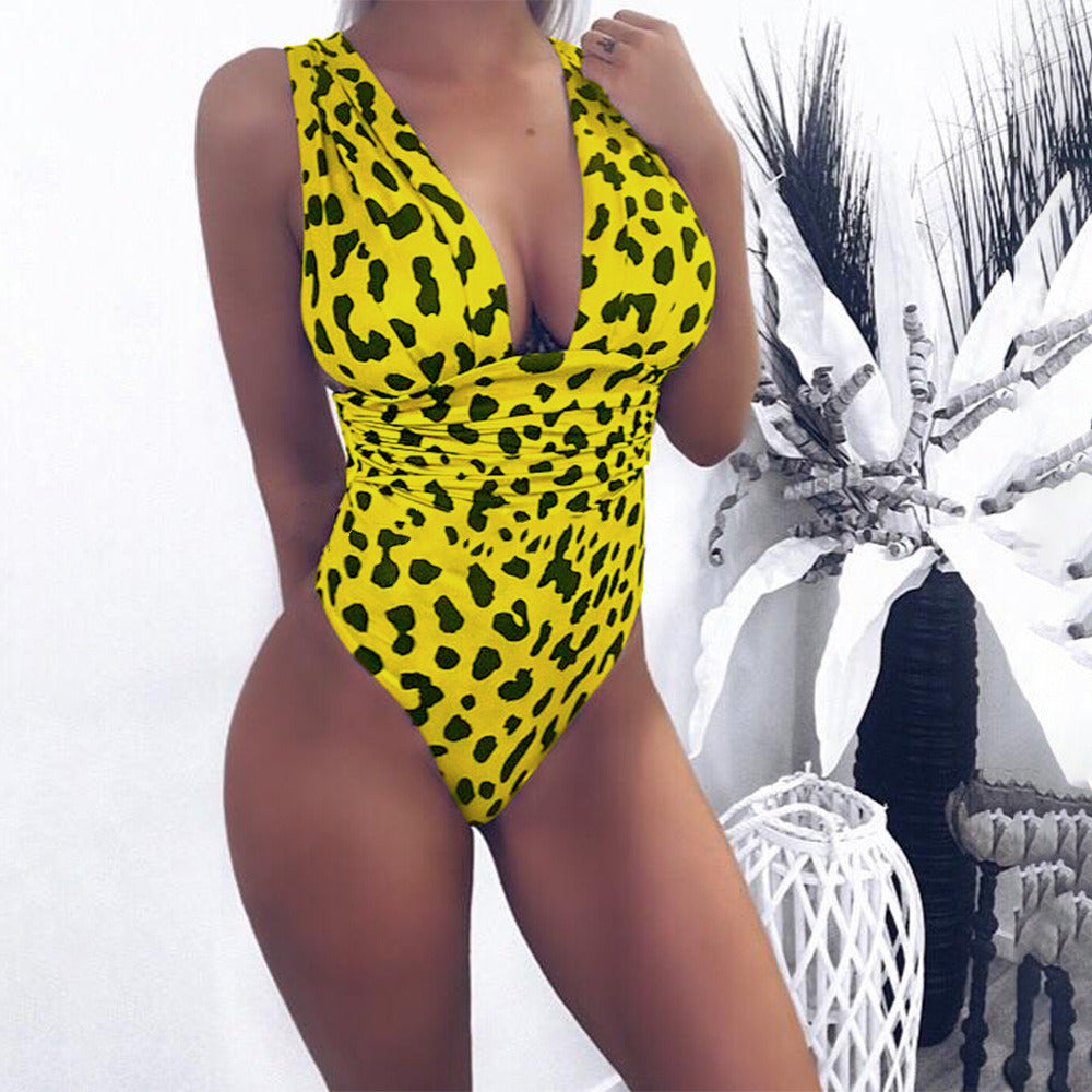 Summer Swimwear New Style Deep V Leopard Print Sexy One-piece Swimsuit