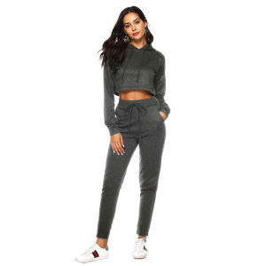 Autumn and Winter Suit Casual Sports Hooded Sweater Exposed Navel Two-piece Female