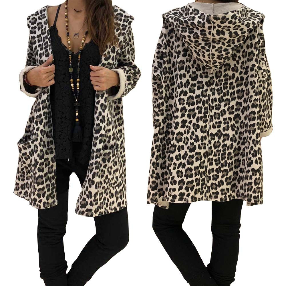 Fashion Autumn and Winter Coats Sexy Leopard Hooded Cardigan Print Jacket