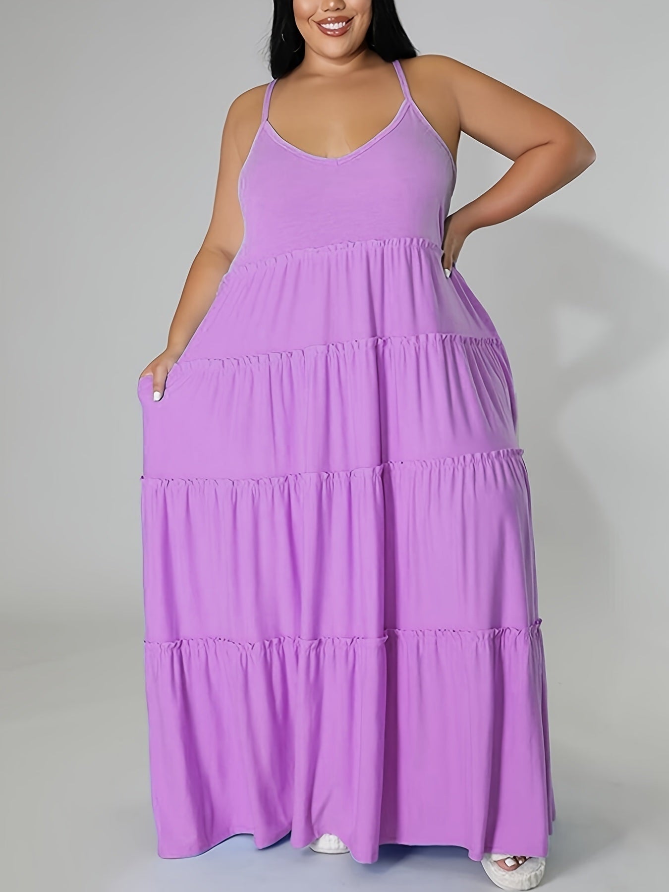 Plus Size Solid Layered Loose Fit Cami Maxi Dress; Women's Plus Sexy High Stretch Long Cami Dress