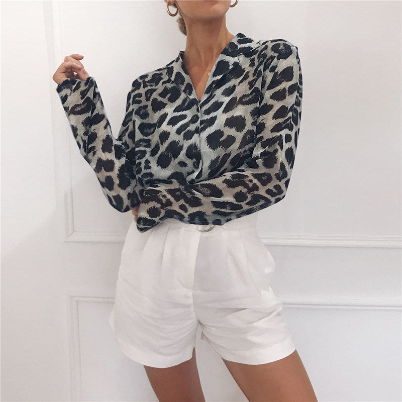 Europe and the United States spring and autumn new women's leopard print V-neck long-sleeved chiffon shirt women