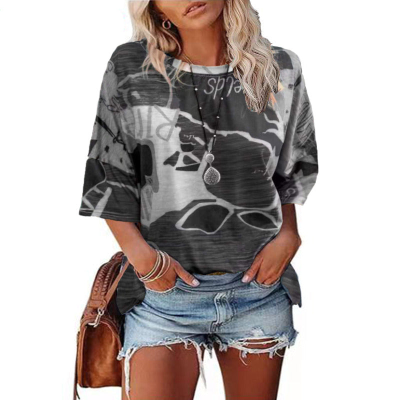 Autumn new women's tops round neck printing loose t-shirt tops