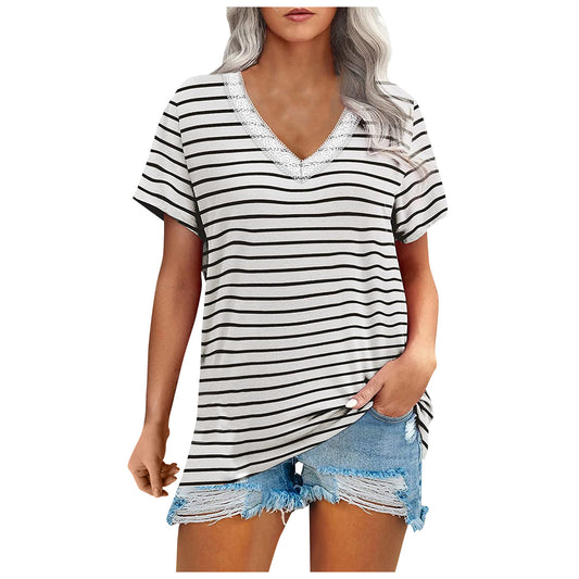 Women's Summer New Style Commuting Loose-fitting Striped V-neck Short-sleeved T-shirt