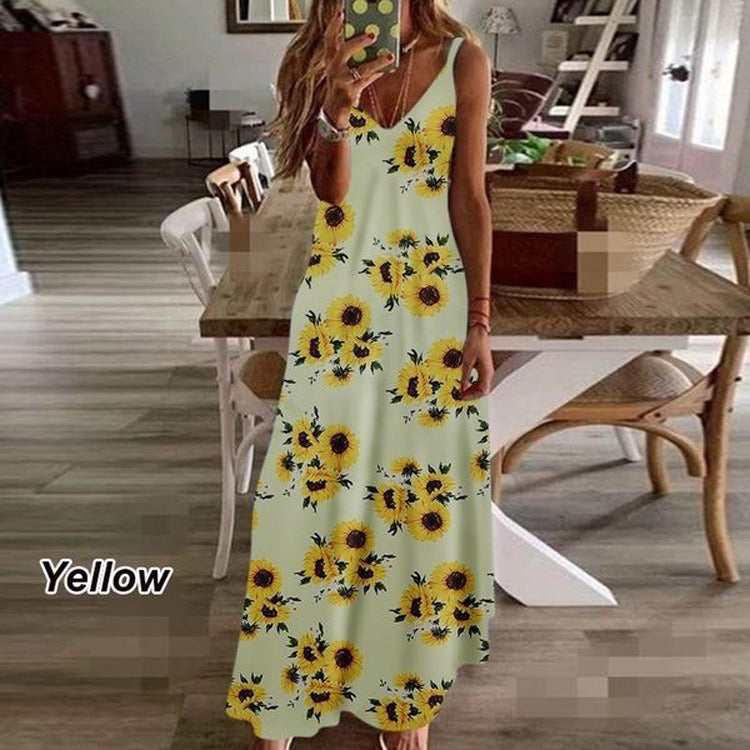 New summer women's dress print holiday dress suspenders long skirt Indian style swing skirt