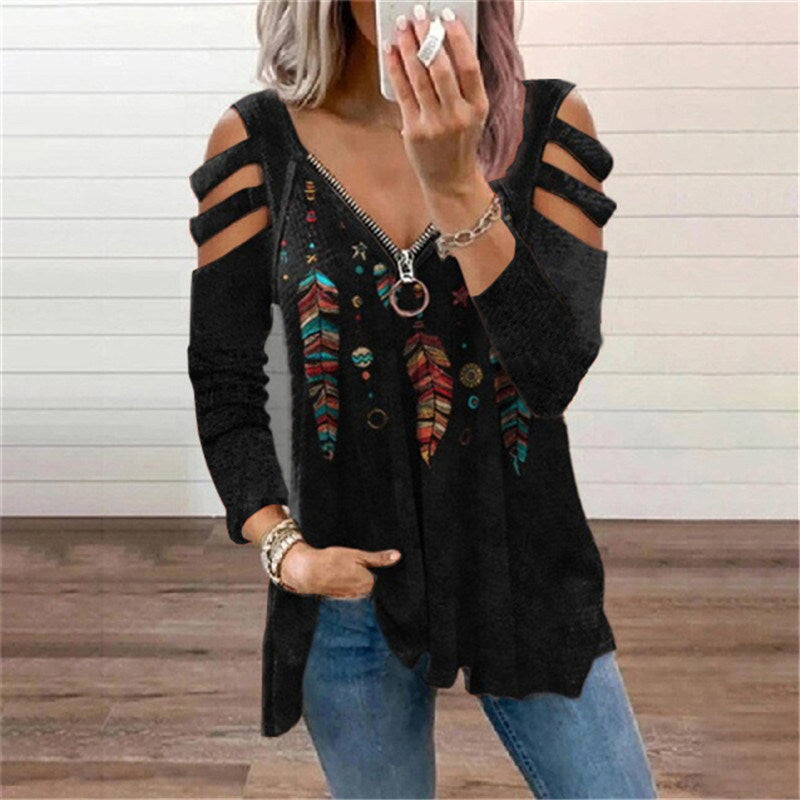 Fall/winter Women's Clothing Zipper Pull Print Long-sleeved Loose T-shirt Women's Top