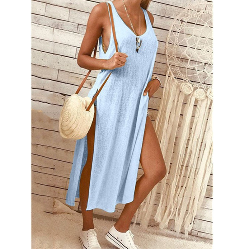 201 European and American Women's Solid Color Fashion Split Sleeveless Loose Dress