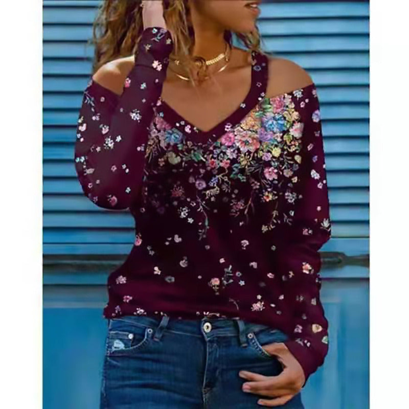 Women's Autumn and Winter New Fashion Long-sleeved V-neck Strapless Floral Ladies T-shirt