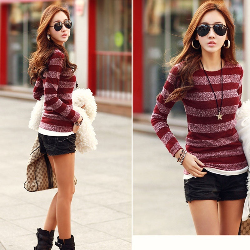 Nice Women Slim Thin Long Sleeve Pullover Striped Bottoming Tops