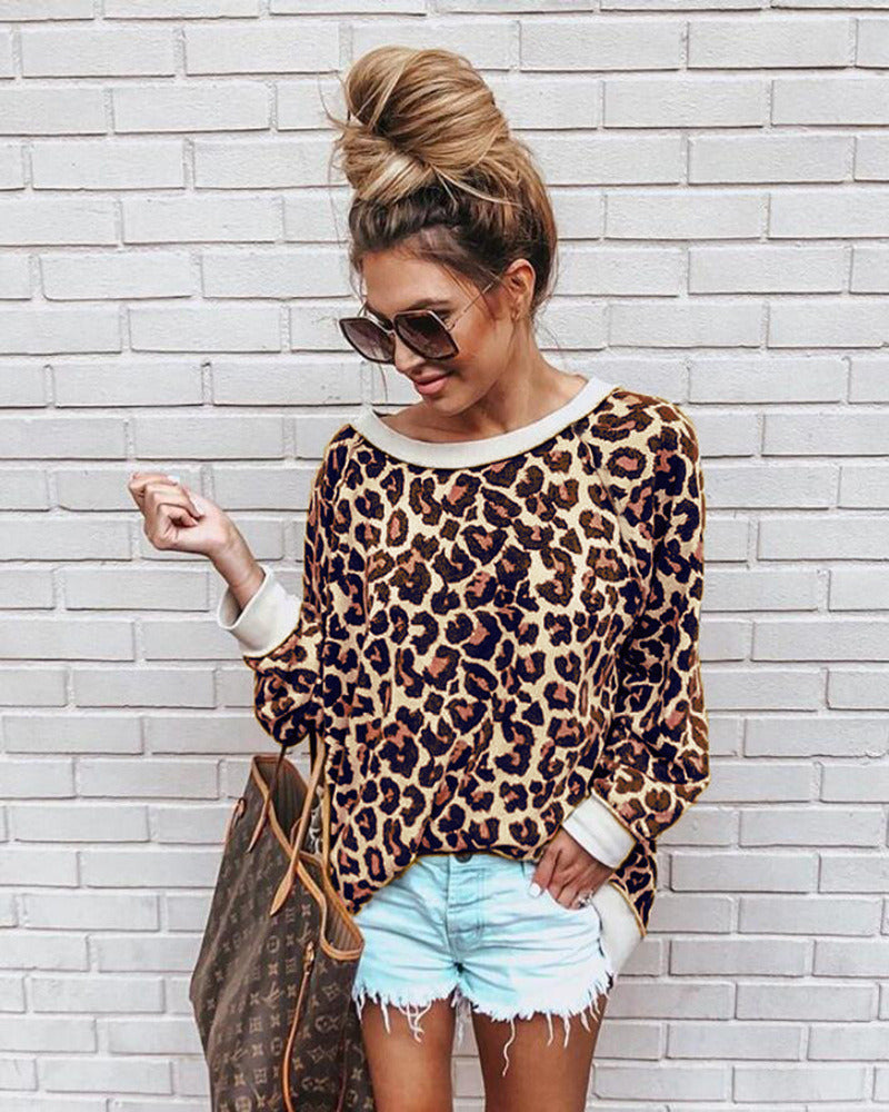 4 Colors Autumn and Winter Sexy Leopard Round Neck Long Sleeve Blouse