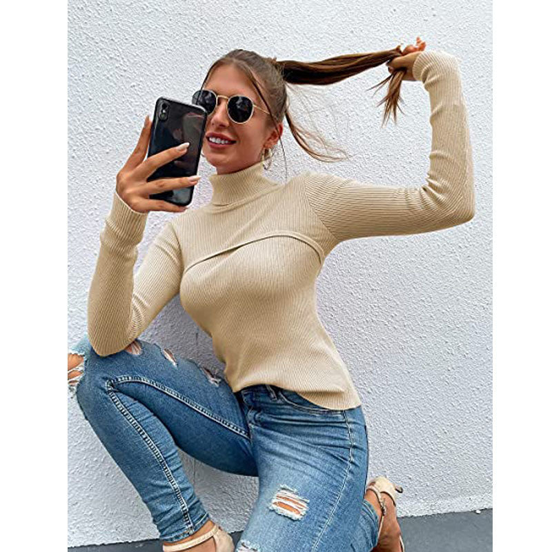 women's tops high collar autumn and winter temperament pure color slim long-sleeved threaded pullover women's t-shirt