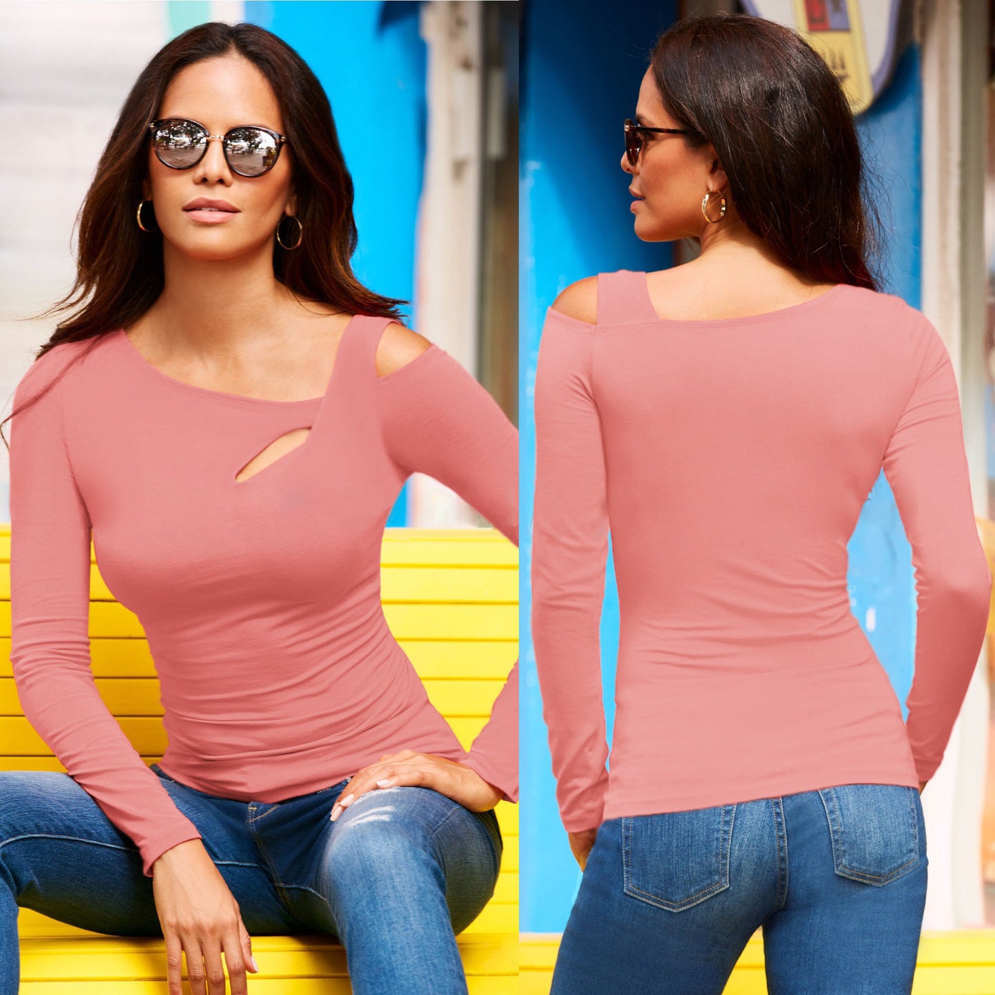 spring and summer new women's diagonal shoulder sexy long-sleeved T-shirt top