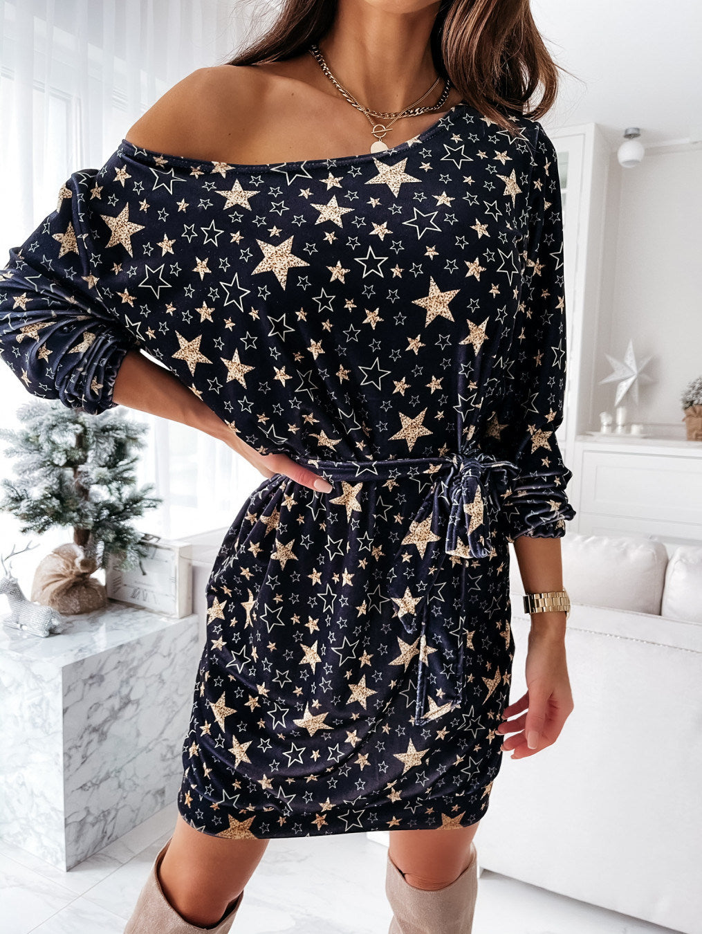 Christmas Spring New Women's Dress Casual Printing Star Tie Dress