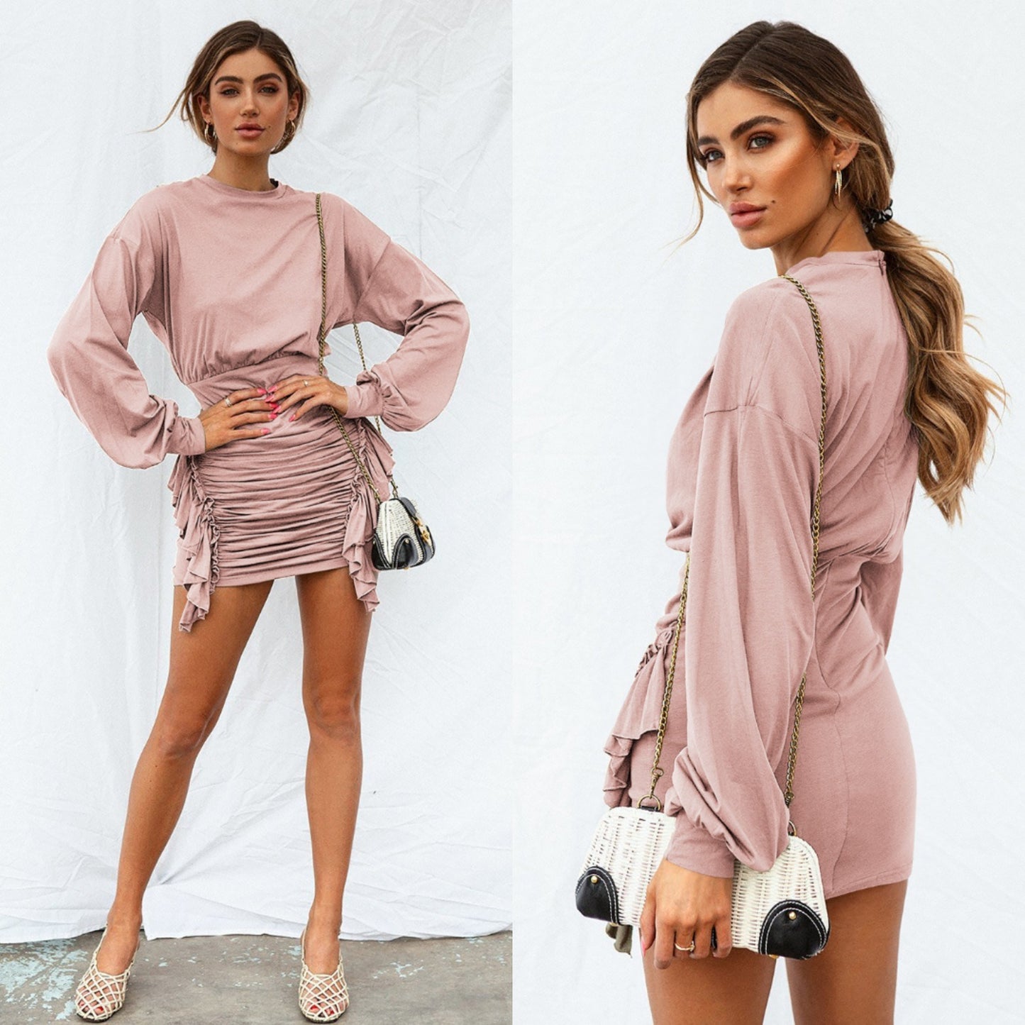 Spring and Summer New Women's Round Neck Long Sleeve Pleated Irregular Dress