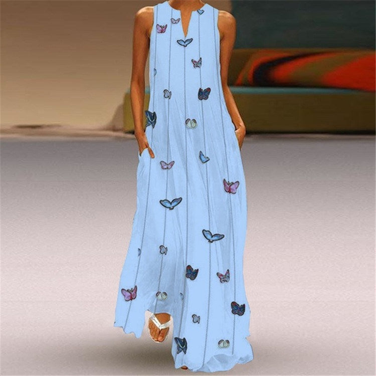 Women's Casual Bohemian Butterfly Digital Print V-neck Sleeveless Long Dress