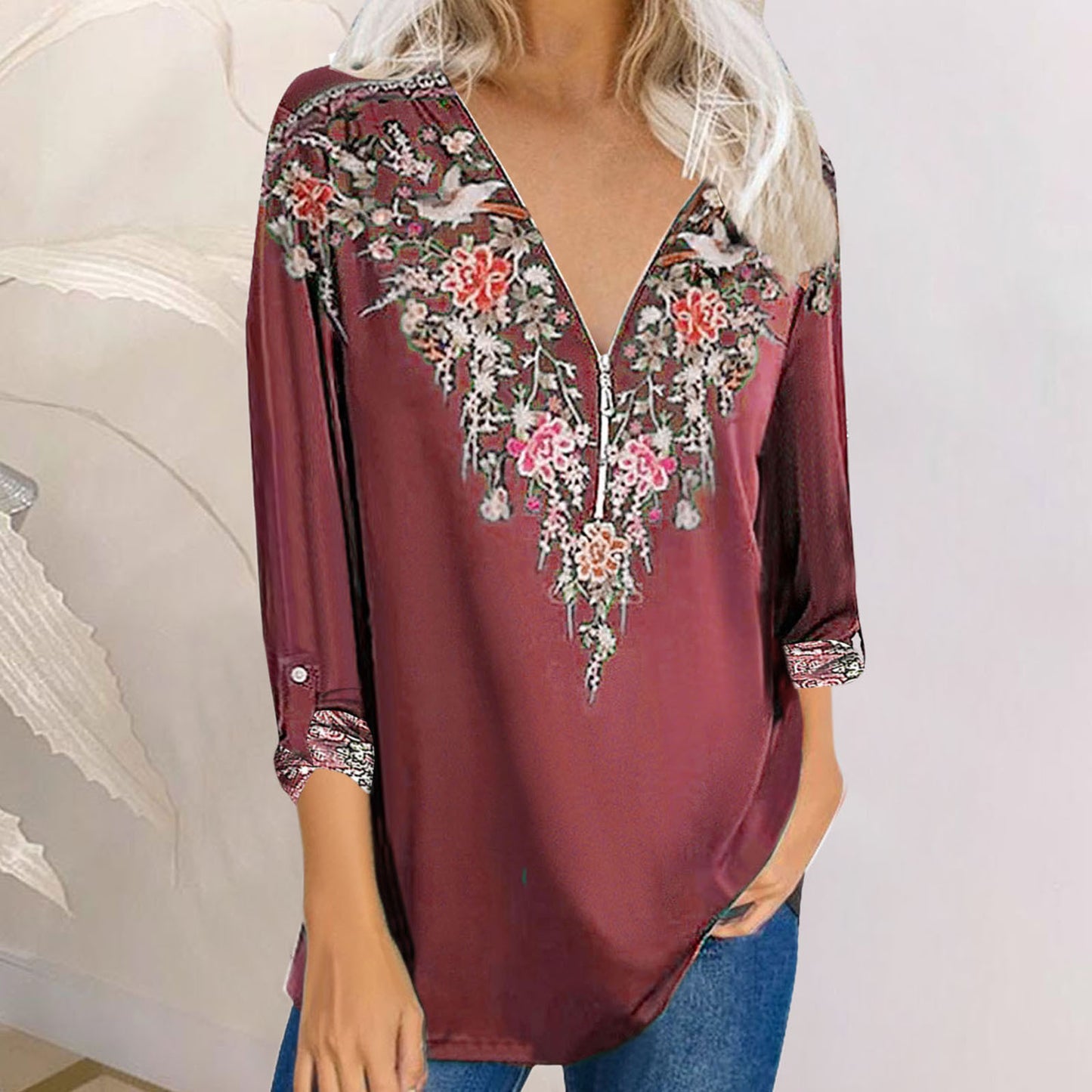 Autumn New Women's Printed Temperament Ethnic Style Long-sleeved V-neck Blouse