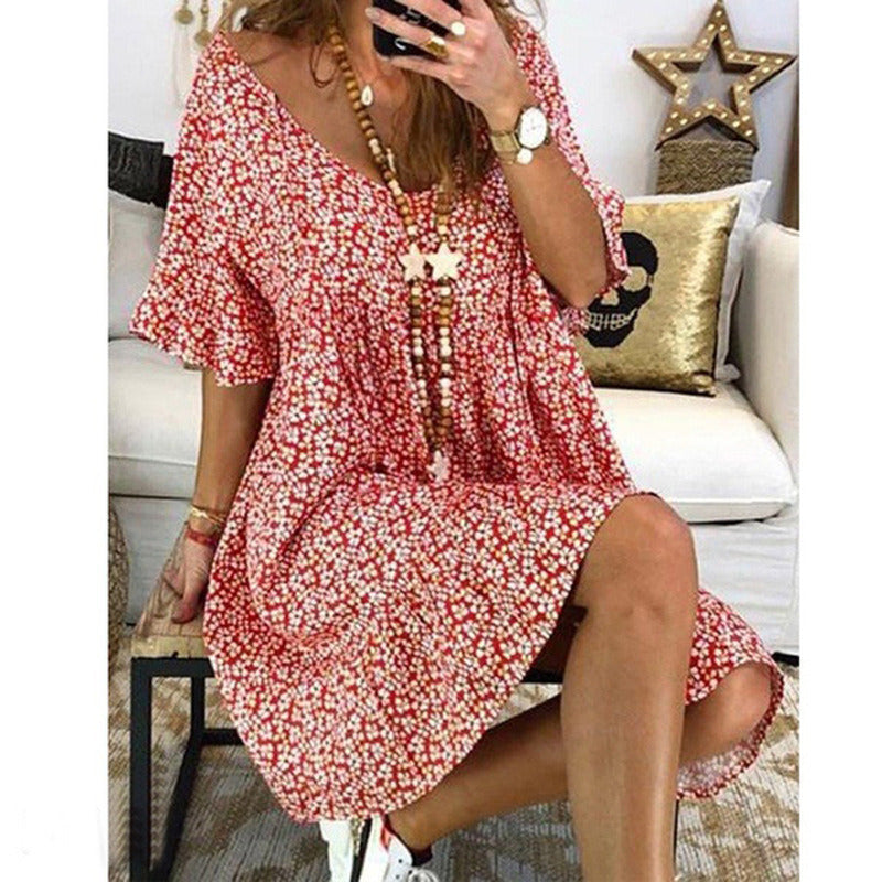 summer new women's wide V-neck loose trumpet sleeve print dress