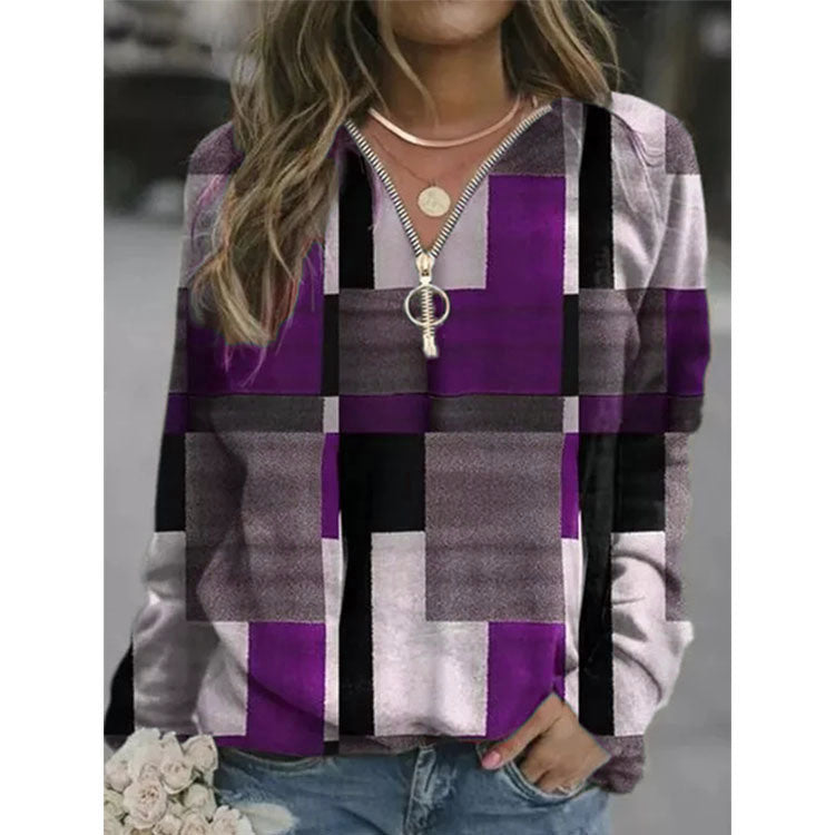 autumn and winter new women's sweater V-neck zipper plaid printed fleece jacket