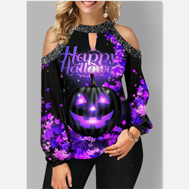 Women's New Tops Stitching Sequins Round Neck Strapless Halloween Printed Casual T-shirt