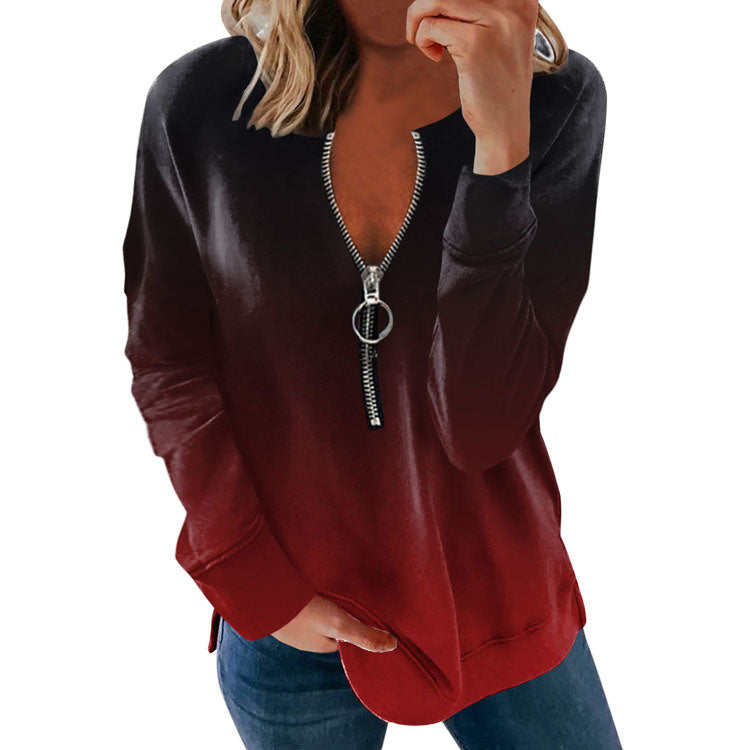 autumn and winter new style V-neck zipper feather printing long-sleeved loose T-shirt women