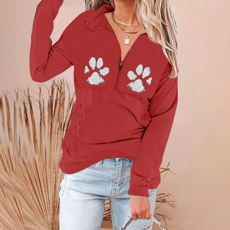 autumn and winter new women's hoodie zipper lapel printed sweater