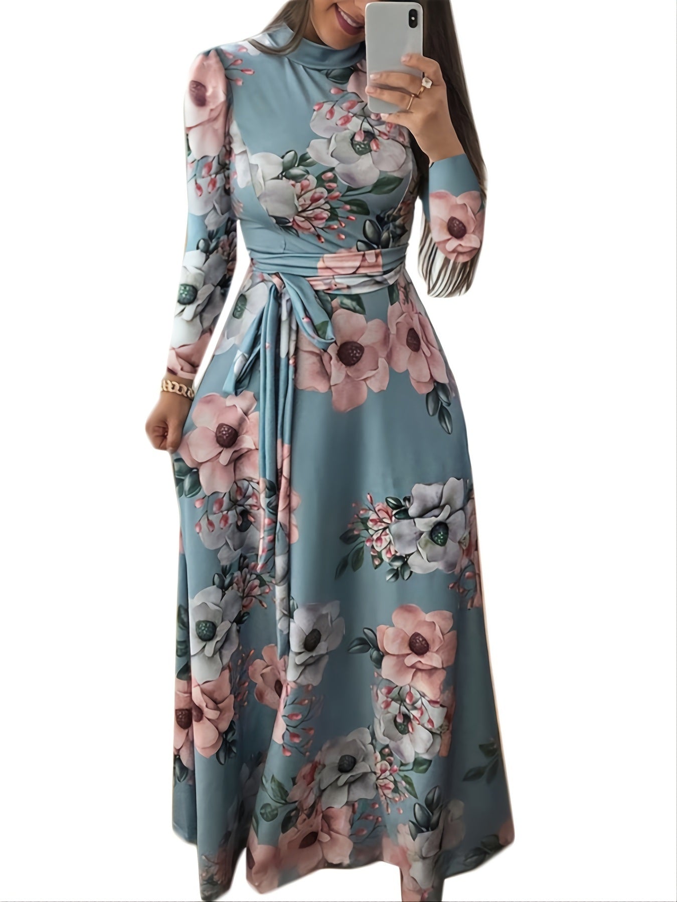 Plus Size Floral Print Slim Fit Maxi Dress; Women's Plus Round Neck Fit And Flared Long Dress