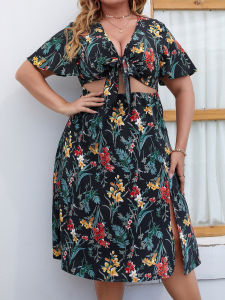 Summer Plus Size L-4XL Mid Floral Dress Beach Skirt Women Fashion Sexy Casual V-neck Slit Hem Hollow Waist Light Thin Breathable