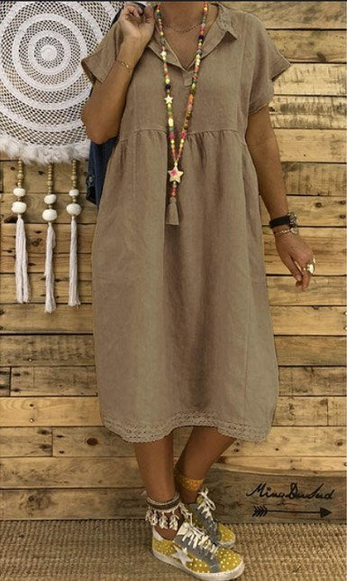 Summer Large Size Women's Loose Short-sleeved Solid Color Cotton and Linen Dress