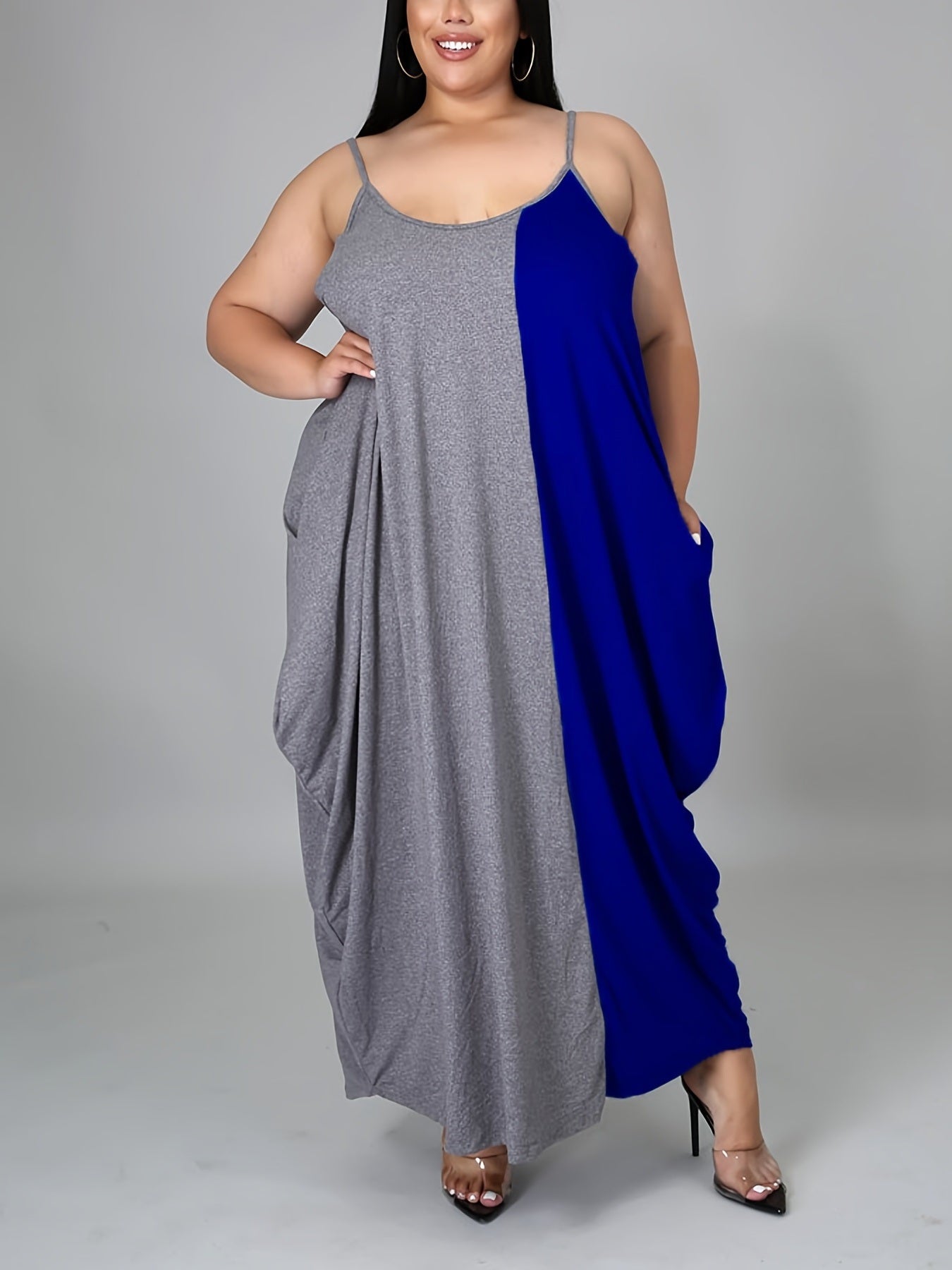 Size Colorblock Cami Maxi Dress With Pockets; Women's High Stretch Casual Long Dress