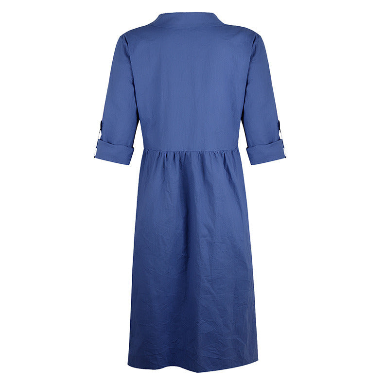 New Women's Solid Color Loose Button Mid-length Dress