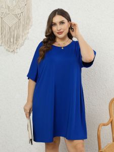 Plus Size Elegant Dress; Women's Plus Solid Round Neck Short Sleeve Knee Length Tee Dress