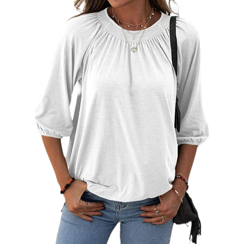 Fall Elegant Temperament Cotton Turtleneck Round Neck Loose Women's T-shirt