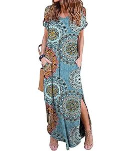 Maxi Dress Loose Pockets Short Sleeve Split Boho Dresses